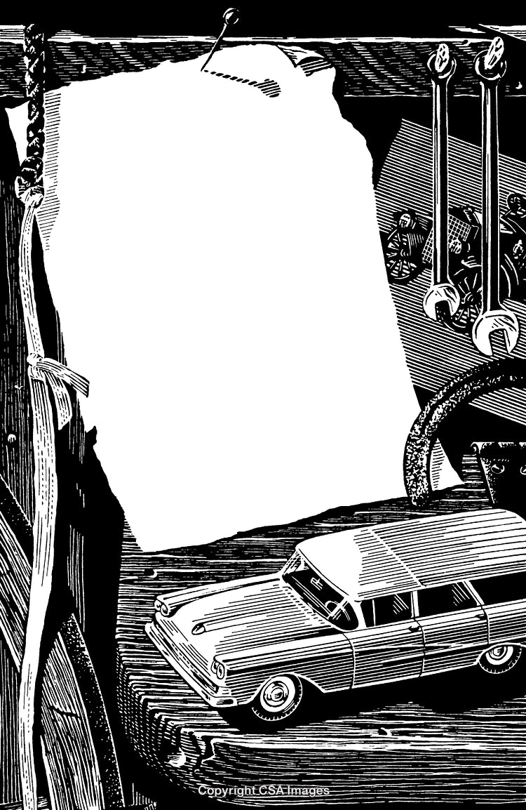 Vintage Engraved Composition With Car, Tools, and Blank Paper