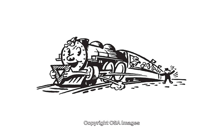 Playful Black and White Line Art of a Train with Faces and Action