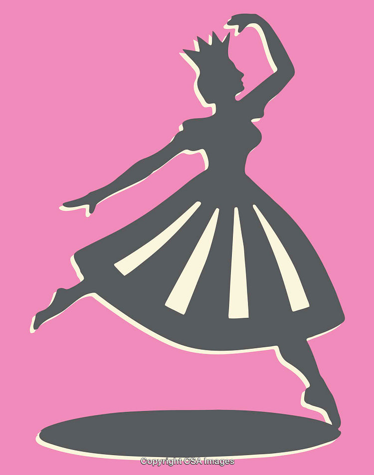 Elegant Silhouette of a Dancing Princess Wearing a Crown on Pink Background