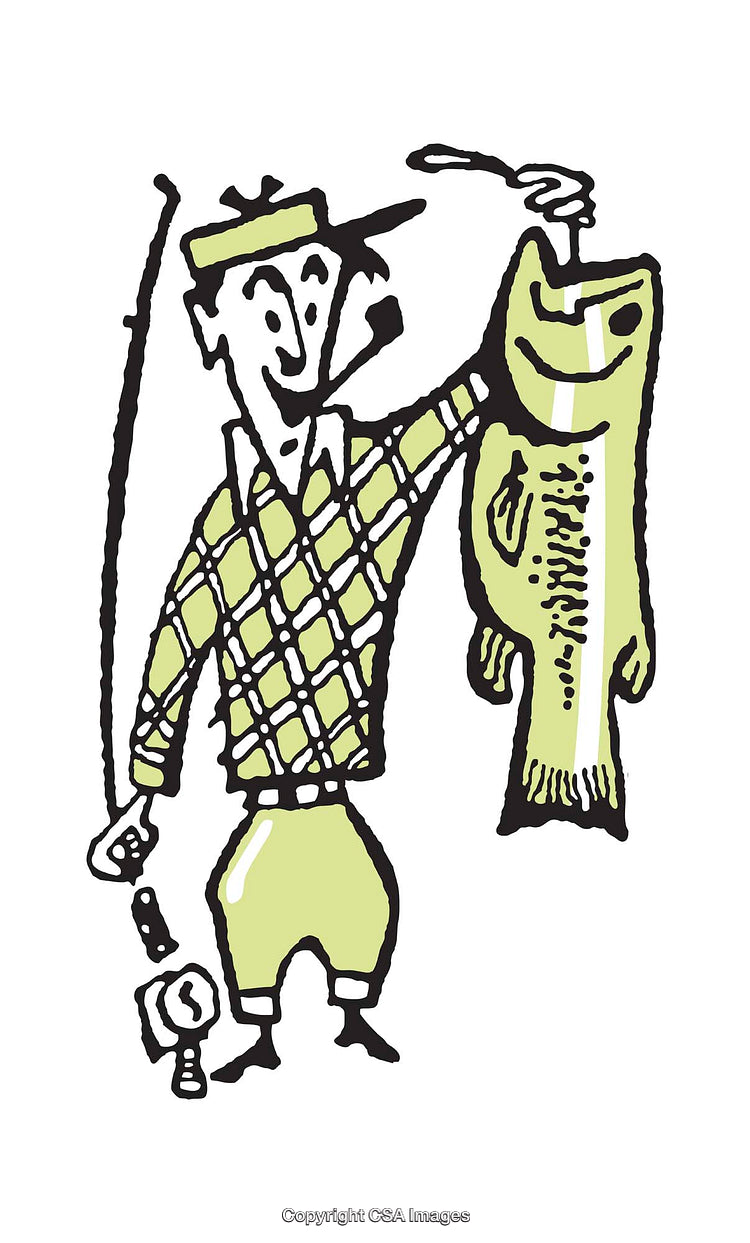 Cartoon Illustration of a Fisherman Proudly Holding a Large Fish