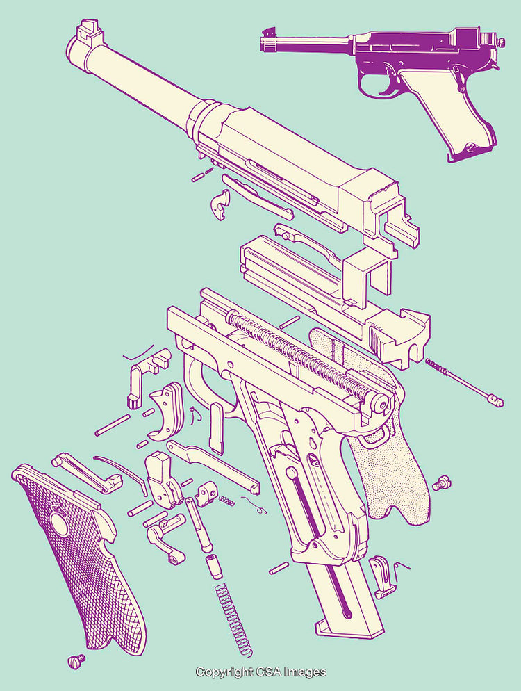 Exploded Diagram Illustration of a Vintage Pistol Design