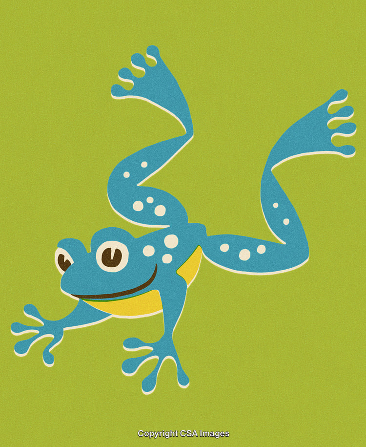 Playful Blue Frog Illustration on Bright Green Background