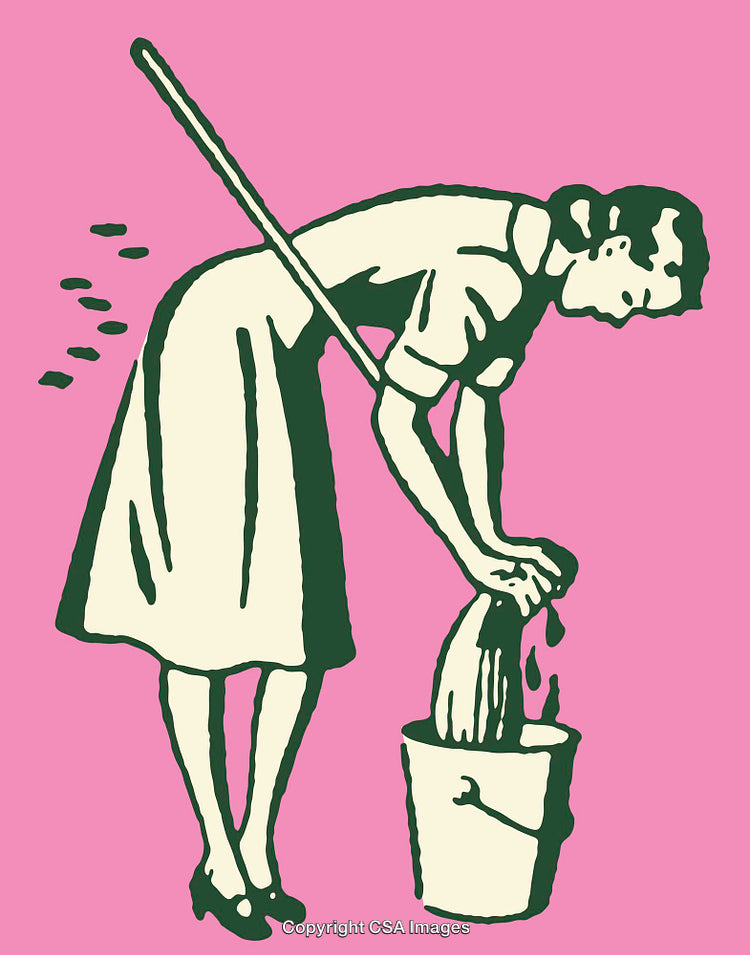 Illustration of a Woman Wrining Cloth Over a Bucket in Retro Style