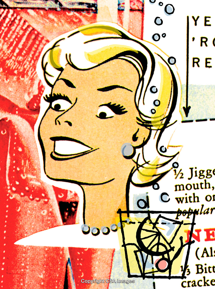 Retro Cartoon Illustration of Woman with Cocktail and Vintage Text Elements
