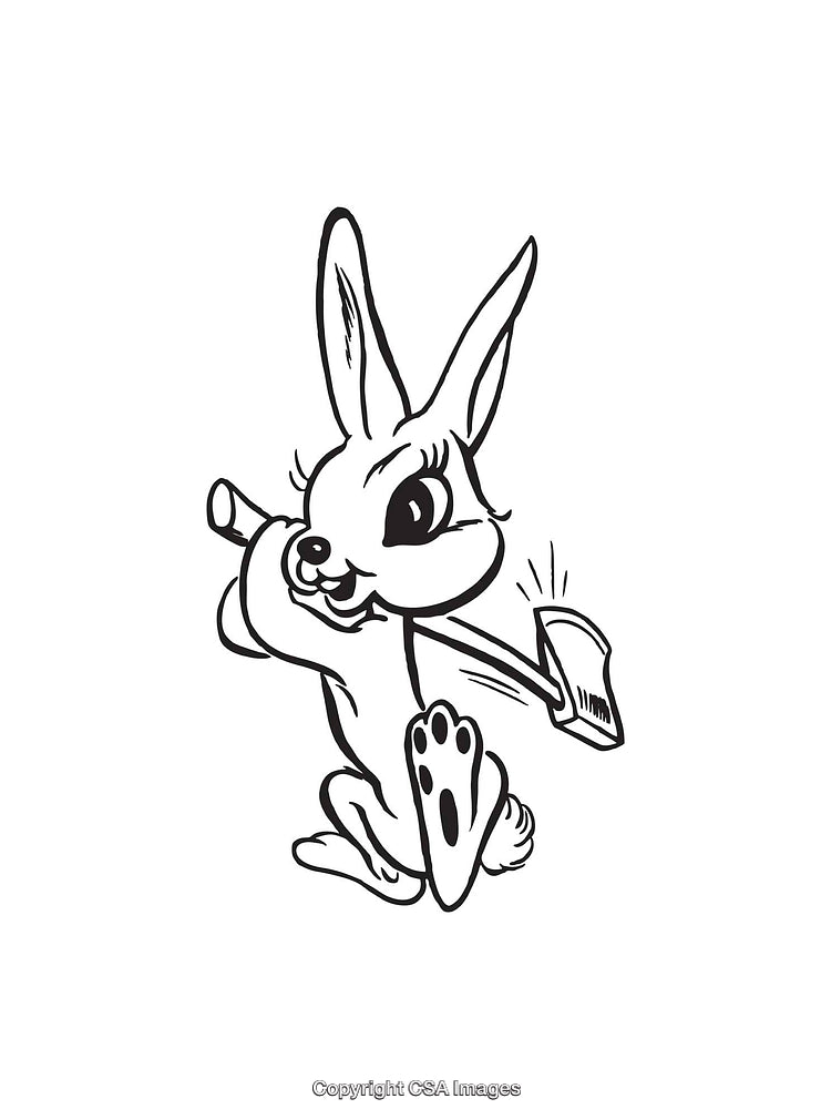 Playful Rabbit Carrying an Axe in Black and White Line Art