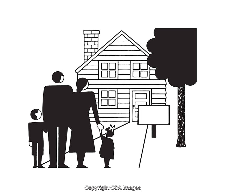 Illustration of a Family Viewing a House With a For Sale Sign