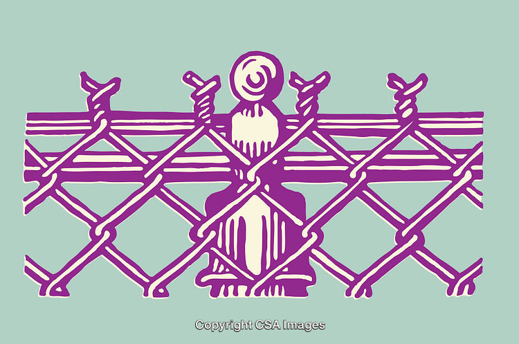 Abstract Line Art Illustrating a Figure Behind Barbed Wire Design