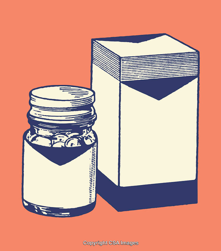 Vintage Line Art Illustration of Medicine Bottle and Packaging on Orange Background