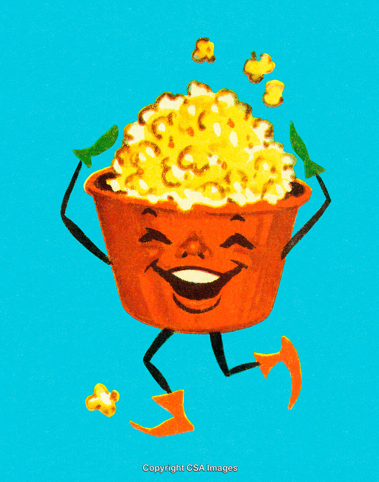Smiling Animated Popcorn Mascot With Cheerful Expression on Blue Background