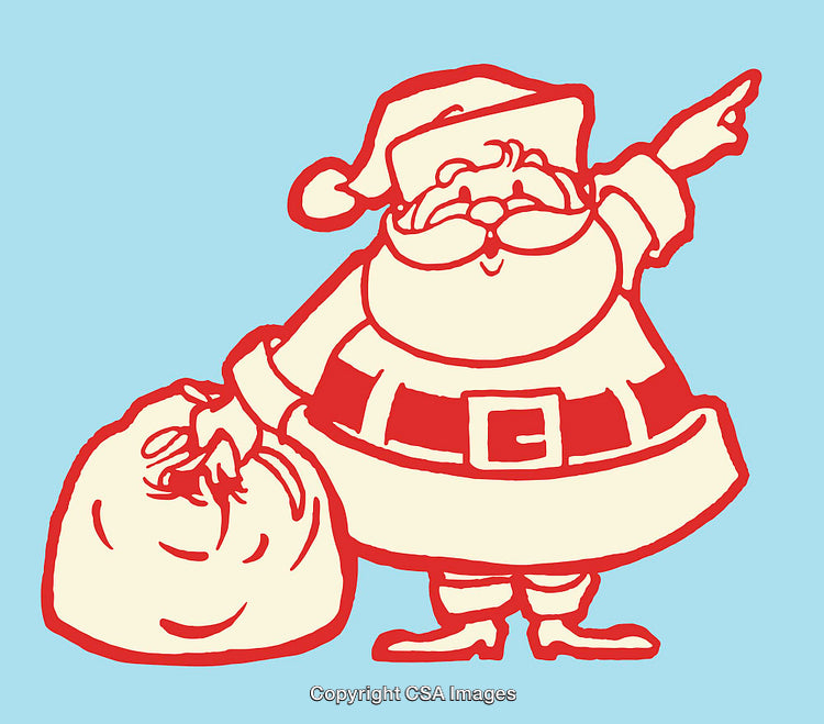 Santa Claus Cartoon with Gift Bag Pointing in Festive Illustration