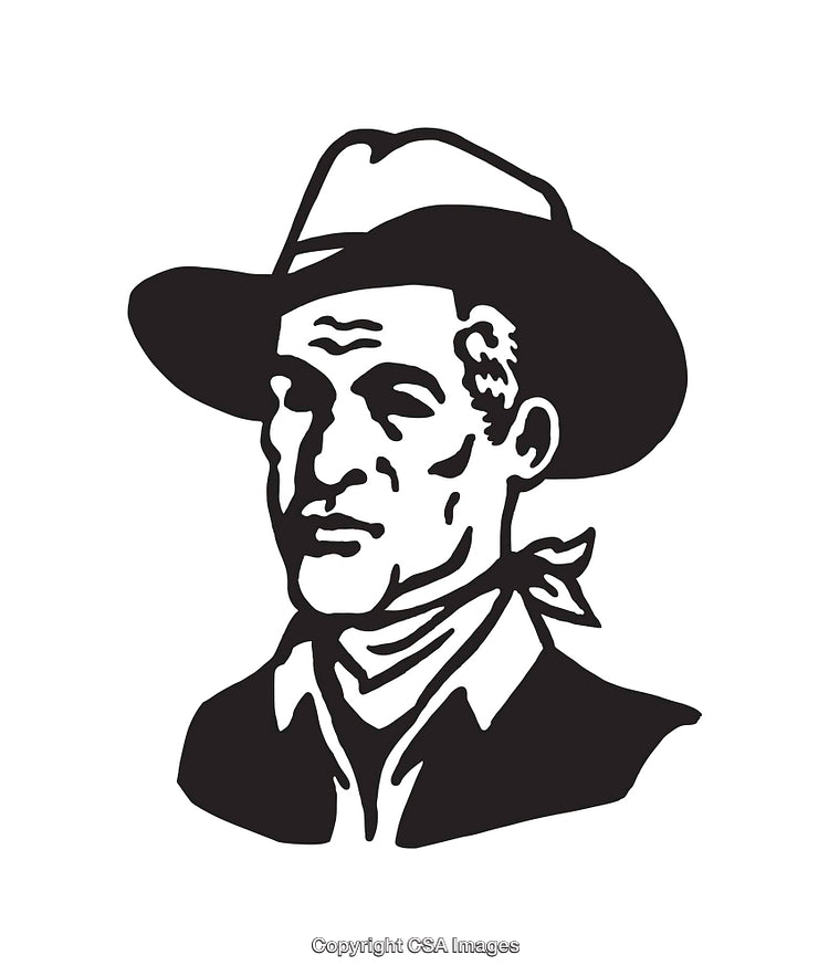 Vintage Black and White Line Art of a Cowboy Portrait Illustration