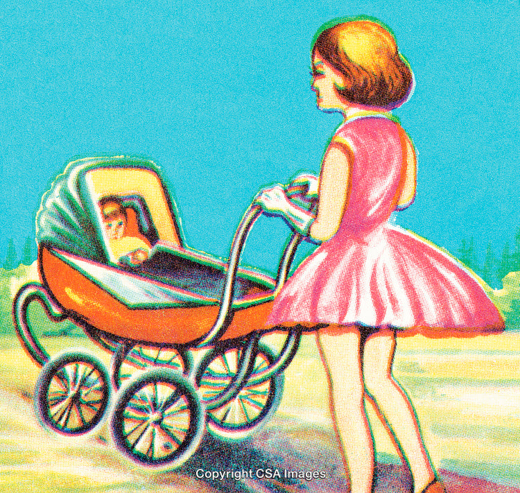 Retro Illustration of a Woman Walking With a Baby in a Vintage Stroller