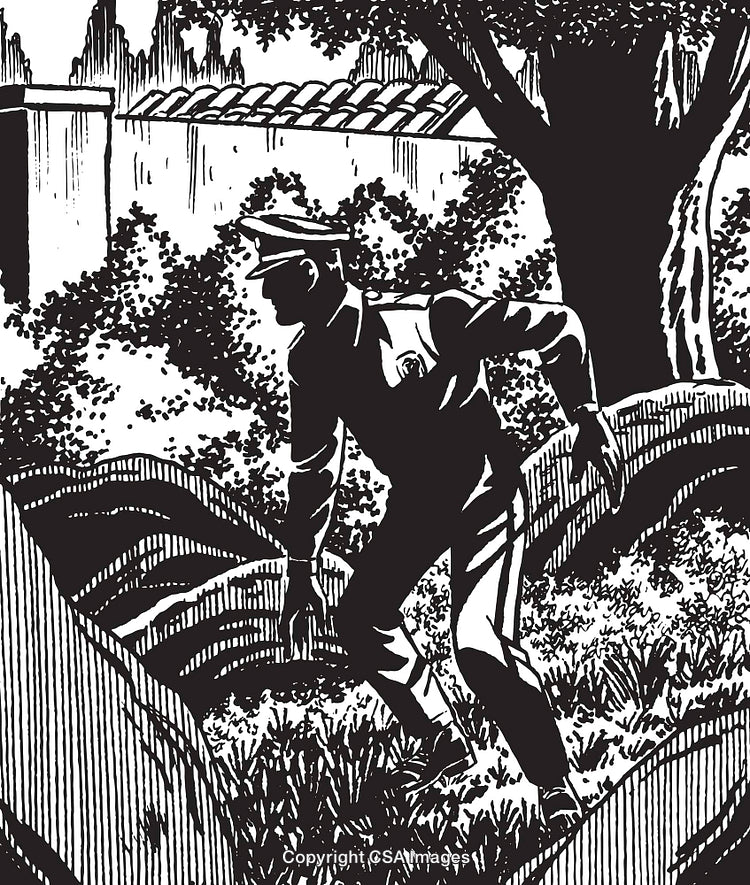Vigilant Officer Inspecting Forest Scene in Illustrative Black and White Artwork