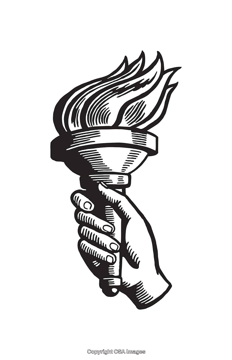 Black and White Line Art of a Hand Holding a Torch
