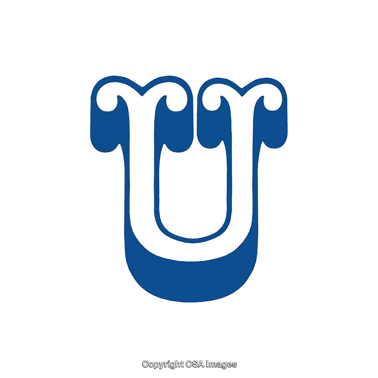 Stylized Blue Letter U with Unique Serif Flourishes on White Background