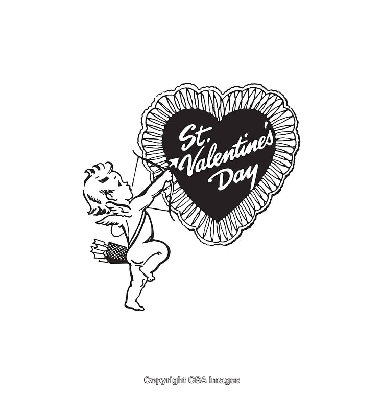 Cupid Holding Heart for St. Valentine's Day in Black and White Line Art