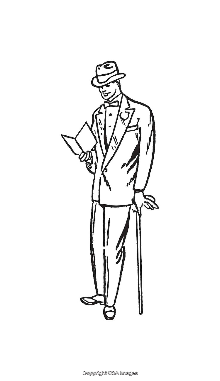 Vintage Line Art Illustration of a Stylish Man with a Book and Cane