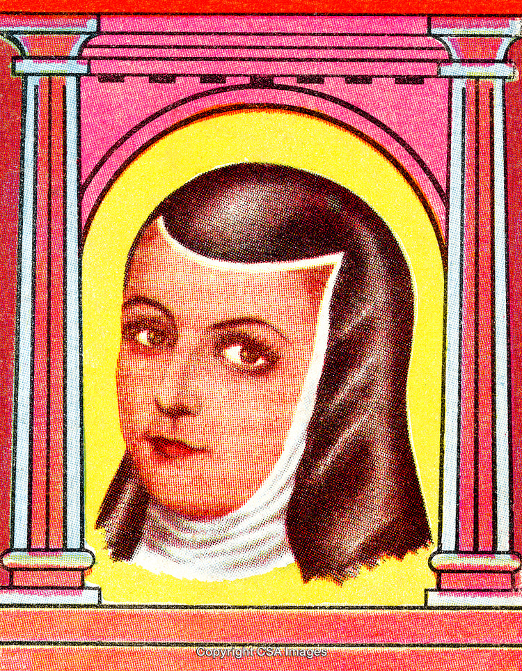Illustrated Nun Portrait Framed by Vibrant Colors and Architectural Design