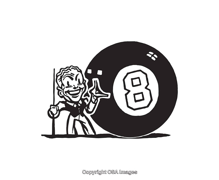 Vintage-Style Illustration Featuring a Character With Fortune Eight Ball