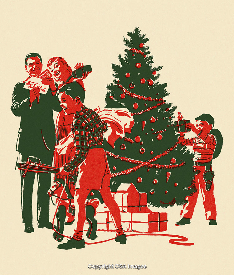 Vintage Christmas Scene of Family Celebrating with Decorated Tree and Presents