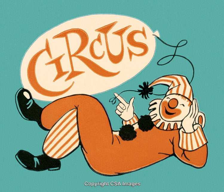 Playful Clown Illustration with Circus Text in Retro Art Style