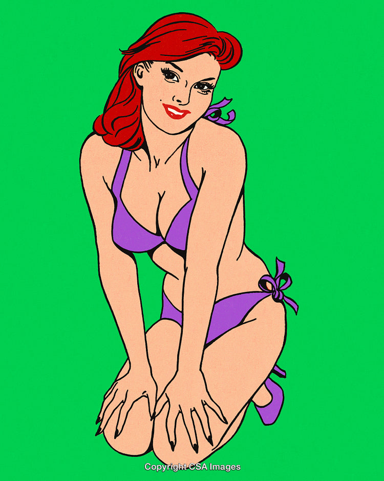 Retro Pop Art Style Woman in Purple Bikini on Green Background