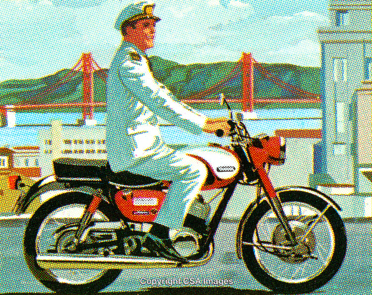 Vintage Illustration of a Uniformed Man Riding a Motorcycle by a Bridge