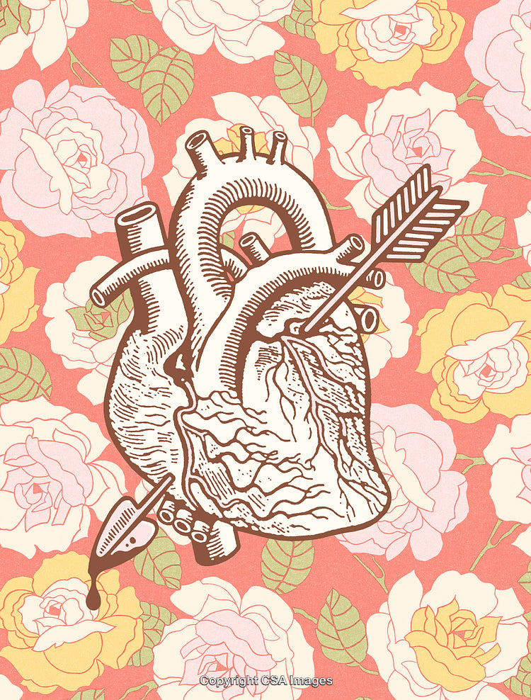 Anatomical Heart Illustration with Arrows Surrounded by Colorful Roses Background