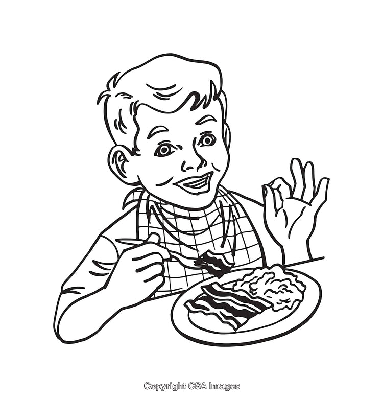 Retro Line Art Illustration of a Smiling Child Dining