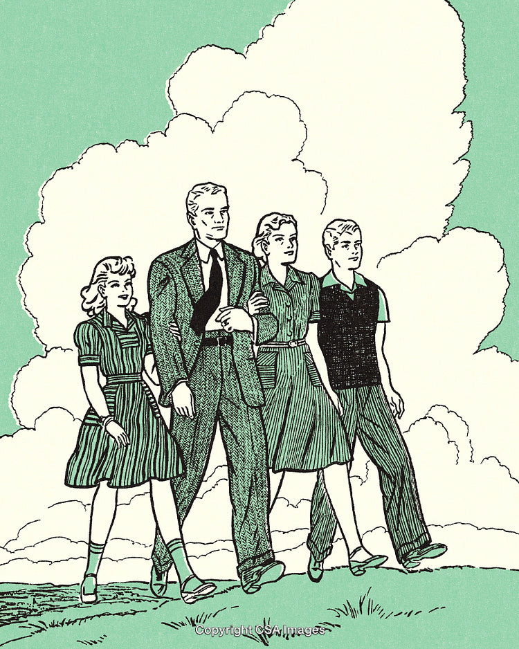 Vintage Illustration of a Happy Family Strolling Together Outdoors