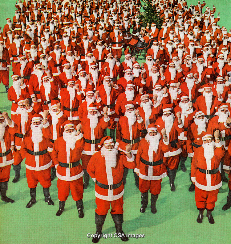 Crowd of Santa Claus Figures in a Festive Green Background Setting