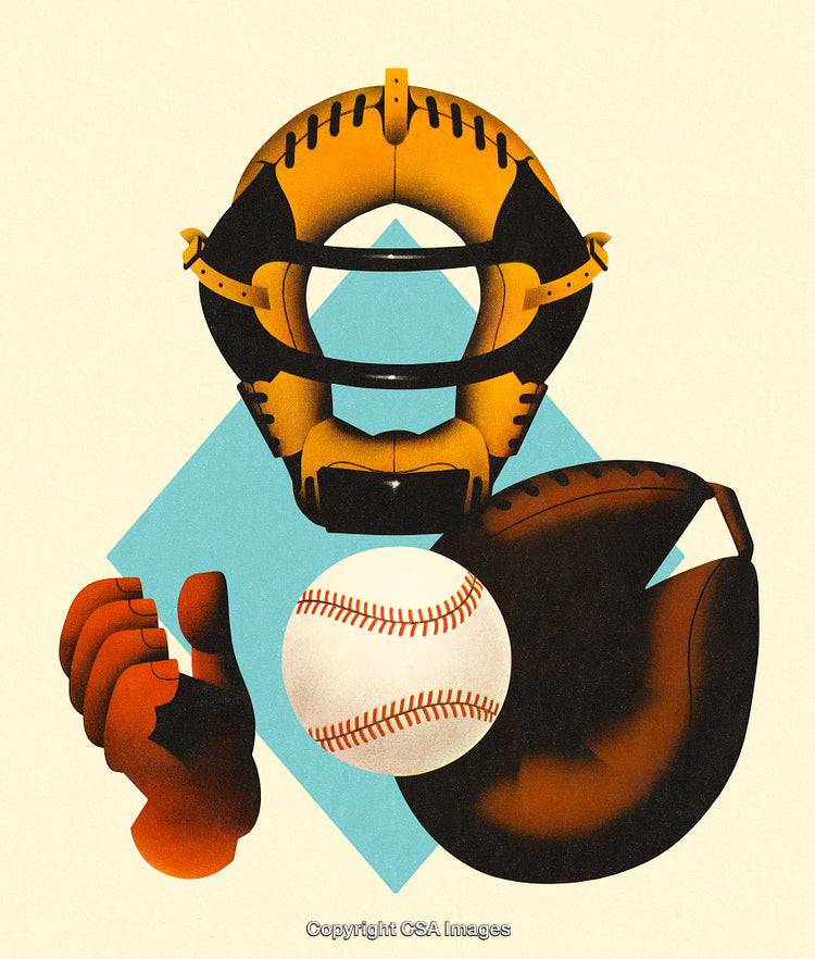 Illustration of Baseball Gear Featuring Ball, Glove, and Catcher's Mask