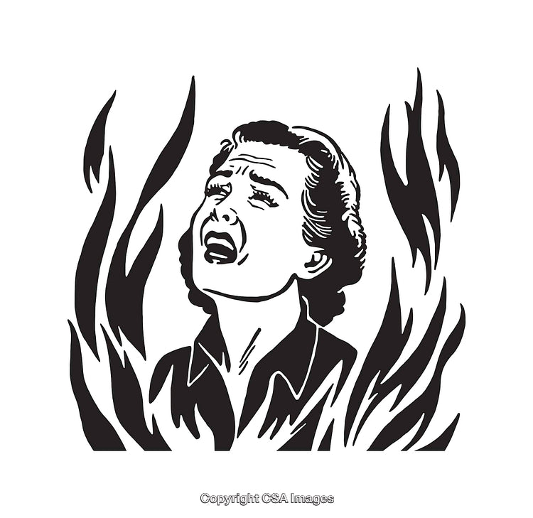 Black and White Illustration of Emotional Expression Amid Flames