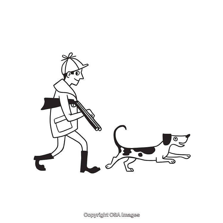 Black and White Line Art of a Hunter Walking with a Hunting Dog