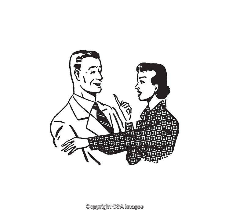 Vintage Styled Black And White Illustration Depicting a Conversation Between Two People