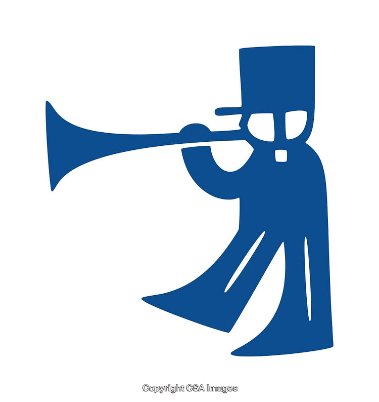 Stylized Blue Icon Depicting a Character Playing a Trumpet