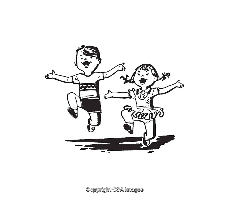 Black and White Illustration of Two Happy Children Joyfully Jumping