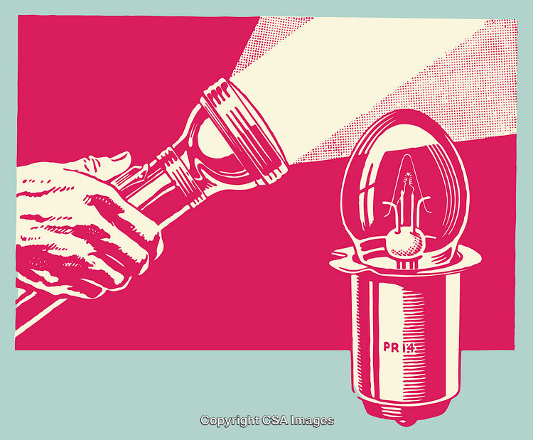 Retro Style Illustration of Flashlight and Light Bulb in Bold Colors