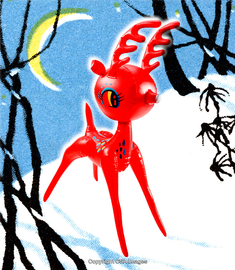 Red Toy Deer in a Winter Landscape with Artistic Design