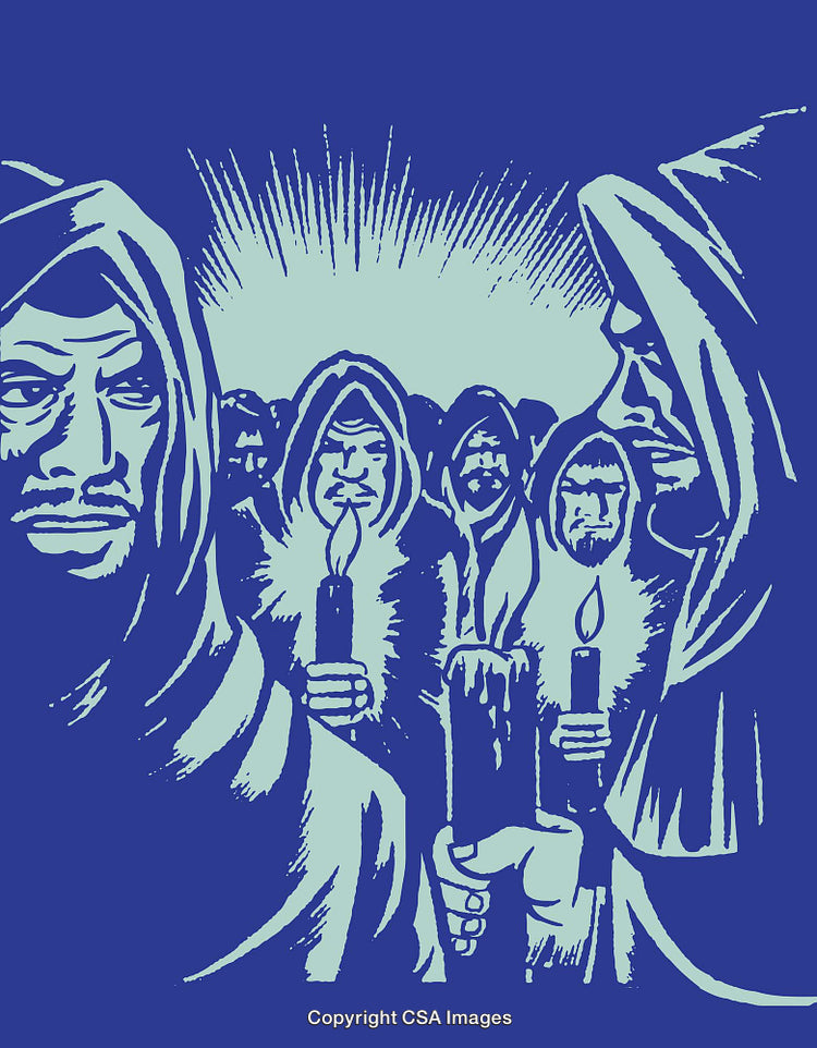 Illustration of Hooded Figures Holding Candles in a Ceremonial Gathering