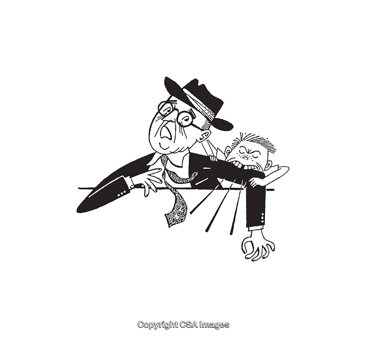 Amusing Black and White Illustration of Surprised Man and Mischievous Child