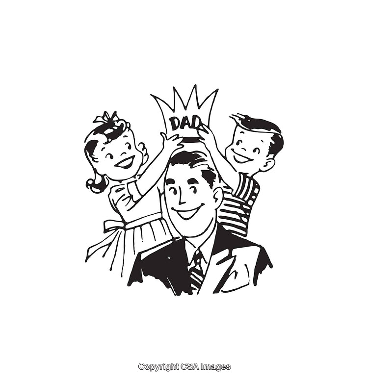 Vintage Line Art of Happy Father Crowned by His Joyful Kids