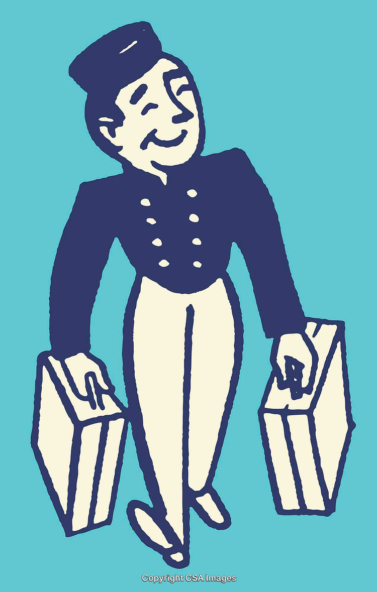 Vintage Bellhop Illustration Carrying Luggage in a Stylized Retro Design