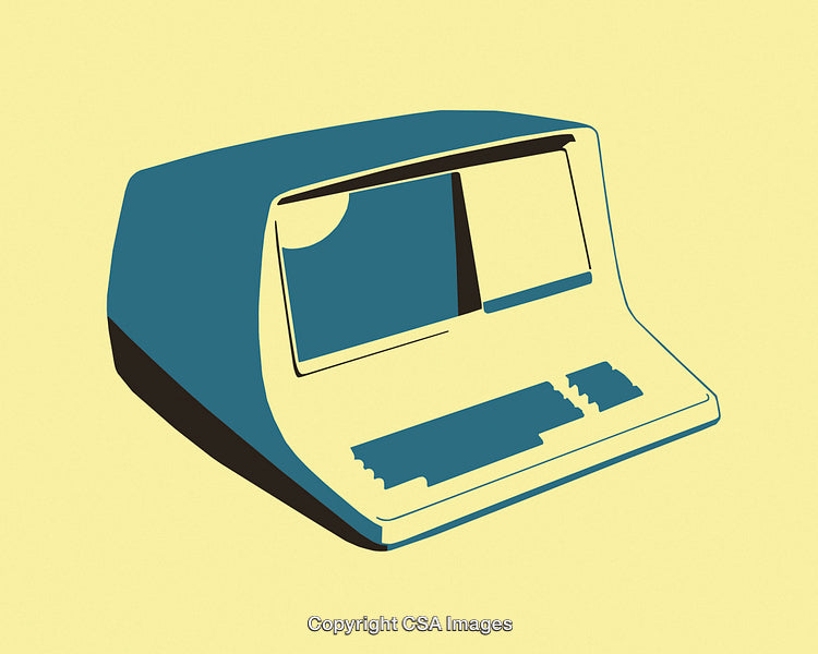 Retro Computer Illustration of Vintage Technology on Yellow Background