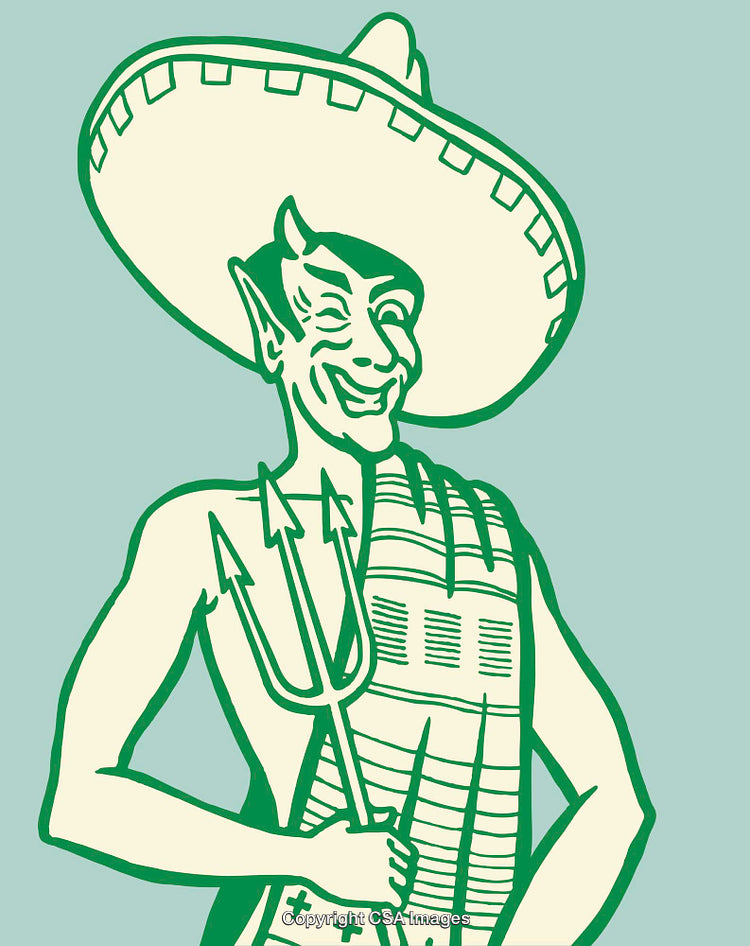 Colorful Illustration of a Character in Traditional Hat Holding a Trident