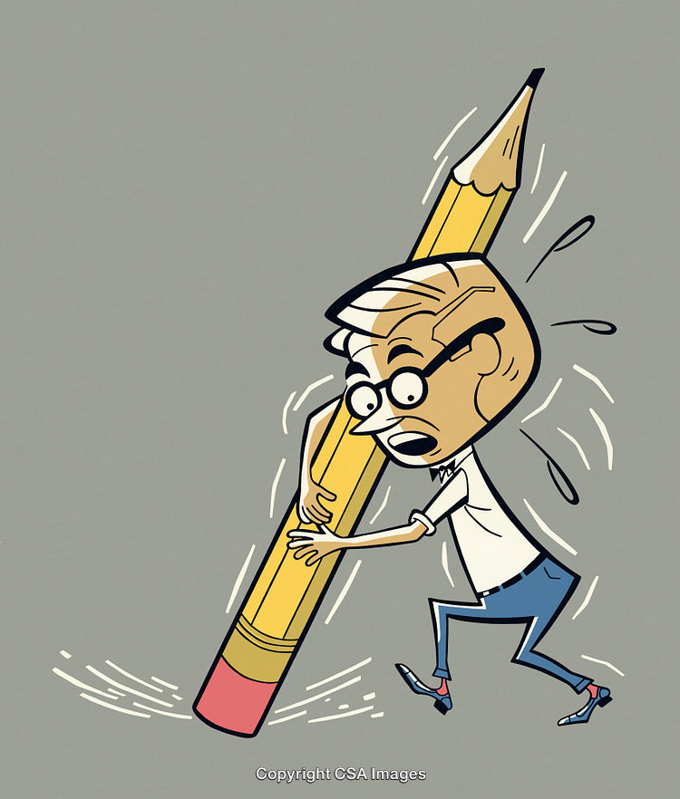 Cartoon Character Struggling to Carry a Giant Pencil in Stressful Situation