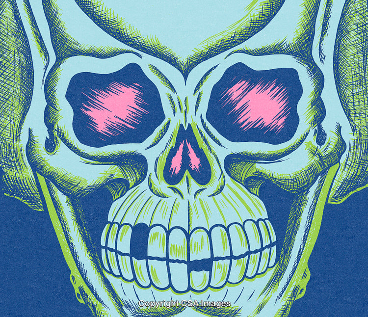 Vibrant Illustration of a Neon-Colored Skull with Eerie Effects