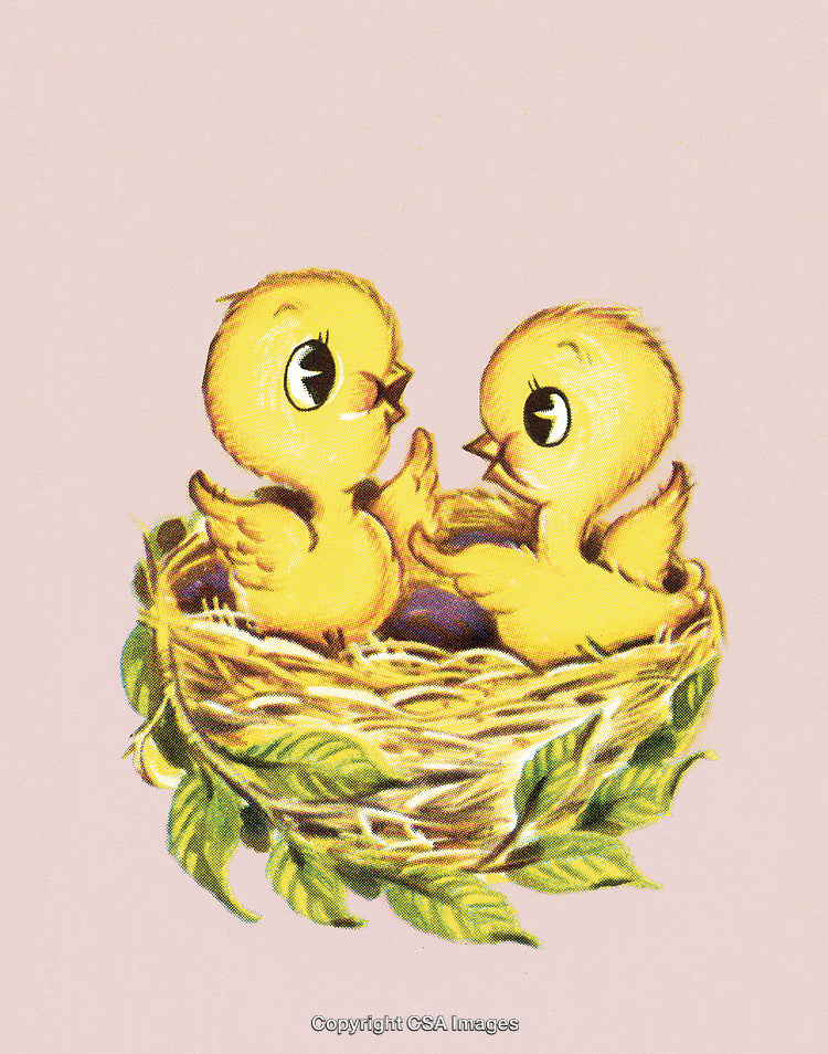 Cute Illustration of Two Yellow Chicks in a Cozy Nest