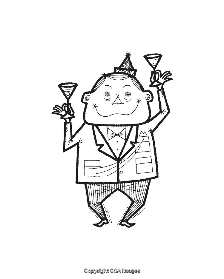 Cheerful Line Art Man Celebrating with Party Hat and Cocktail Glasses