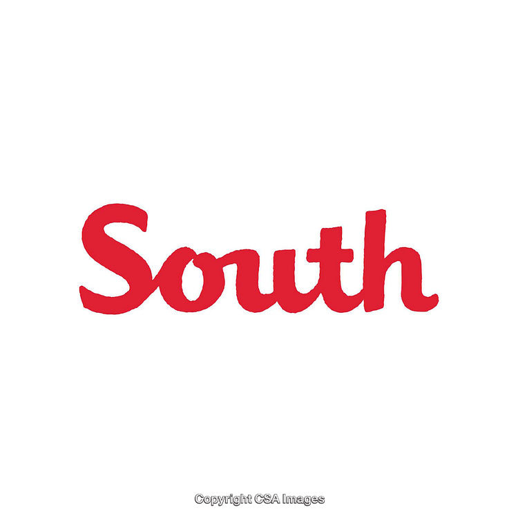 Red Handwritten Text Reading 'South' on a White Background